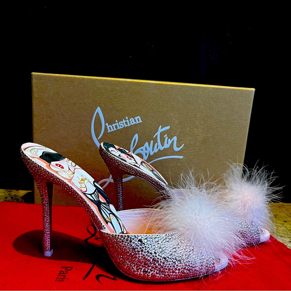 Louboutin PIN UP STRASS pink crystal heels 100 mules feather limited rare 38.5